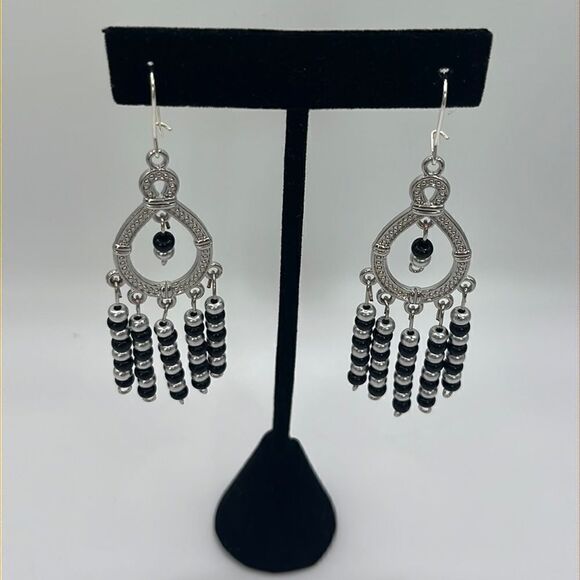 Silver-tone Handmade Dangling Chandelier Earrings with Black Silver Beads - Picture 1 of 15